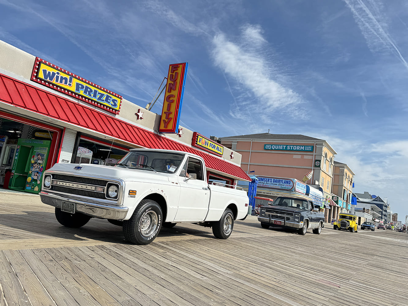 04 1970 Chevrolet C10 in driver condition white cruising Ocean City boardwalk in parade lineup