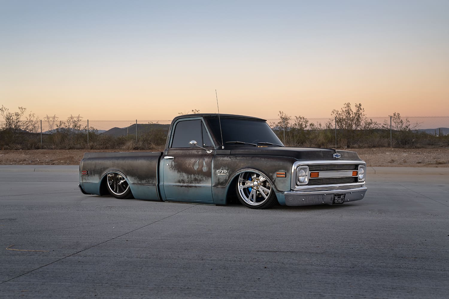 04 1970 Chevy C10 laid out static front view sunset stance