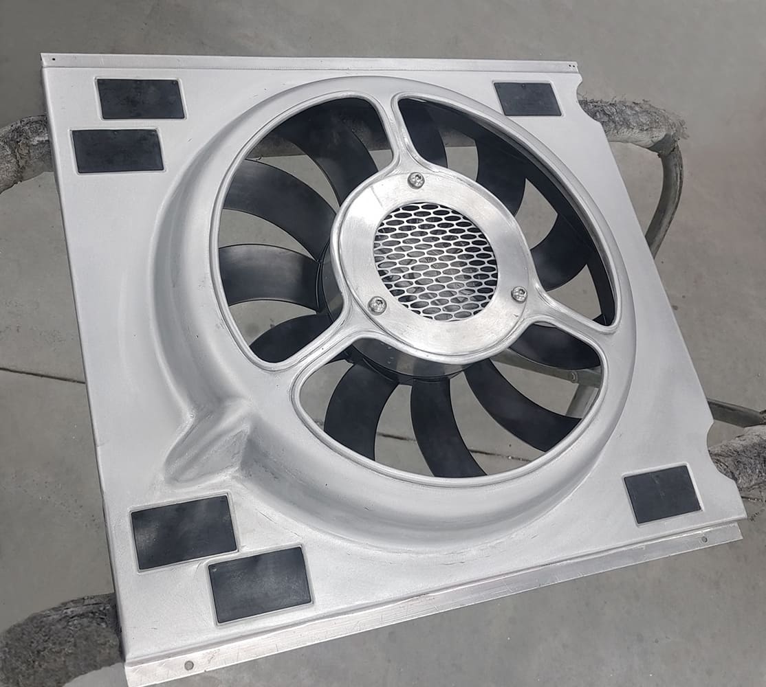 04 Divco custom aluminum fan shroud with mesh center electric fan setup