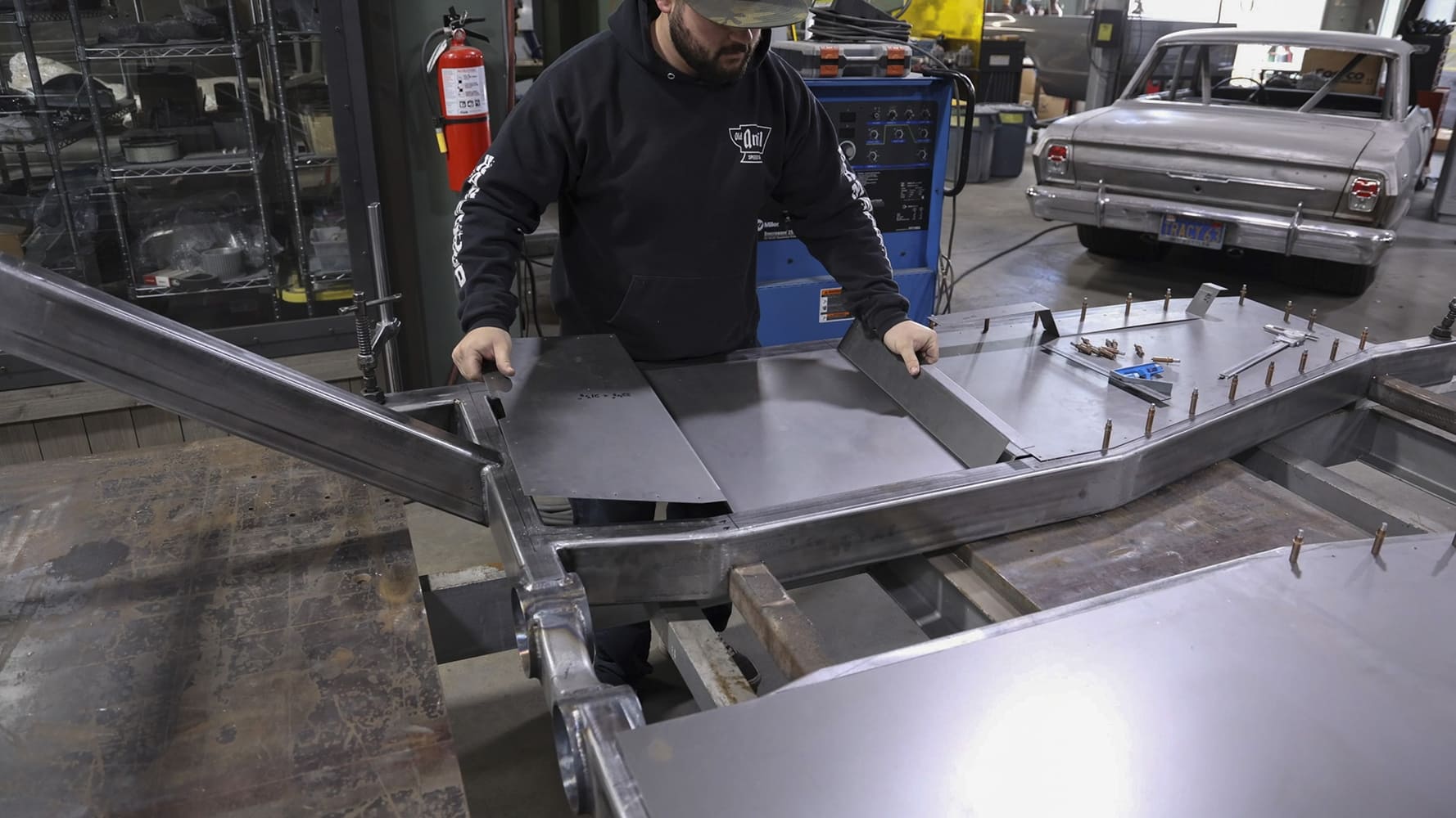 06 1962 Chevy convertible transmission tunnel panels mocked up on frame rails