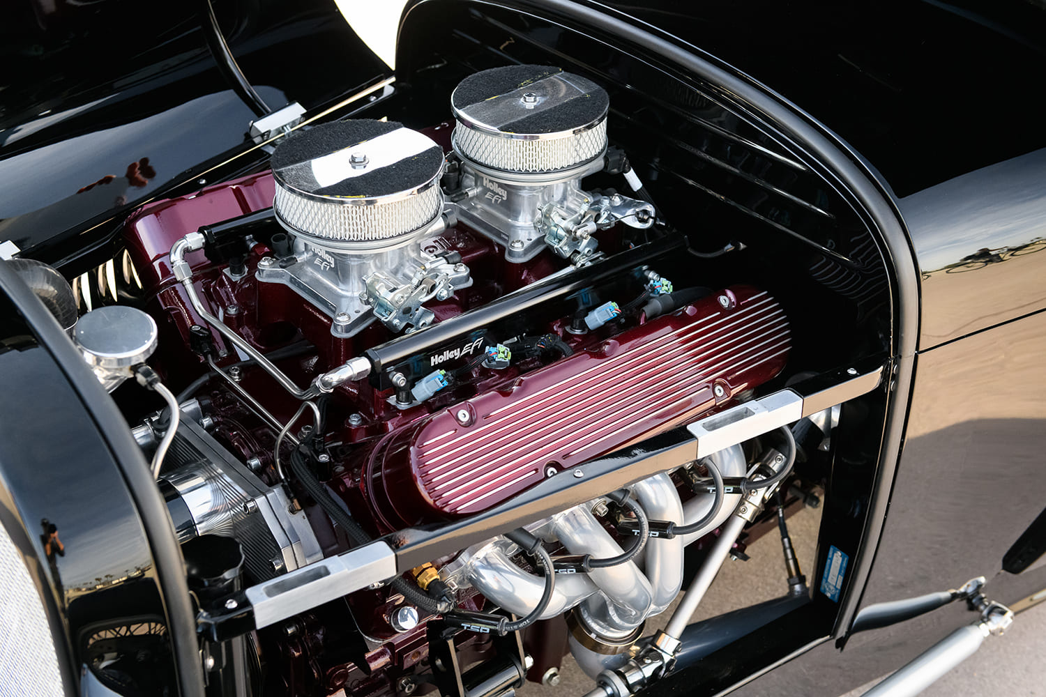 08 1929 Ford Tudor engine bay with Holley EFI billet fuel rails and painted valve covers