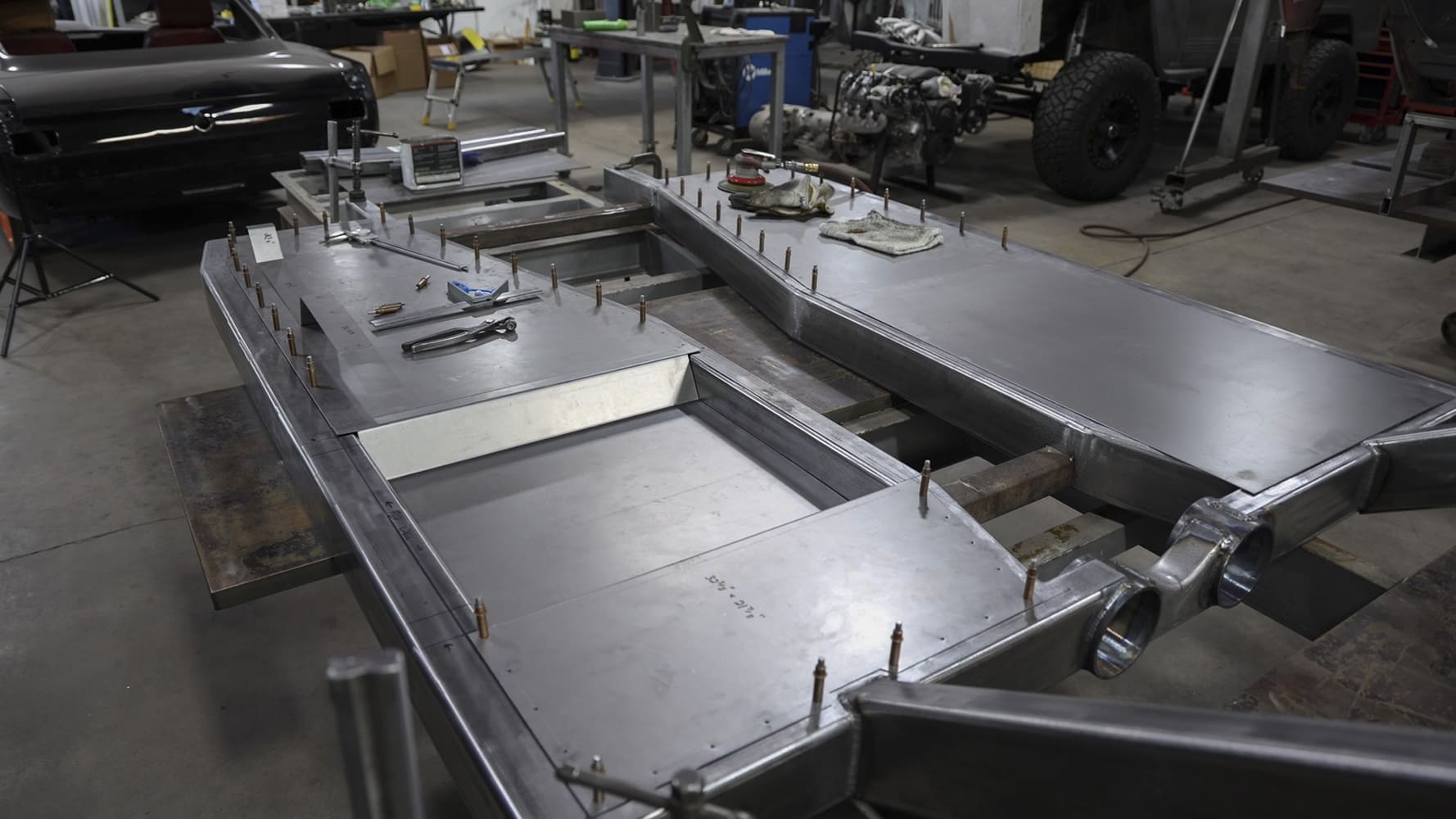 08 1962 Chevy convertible custom fabbed sheetmetal floor fully mocked up on chassis