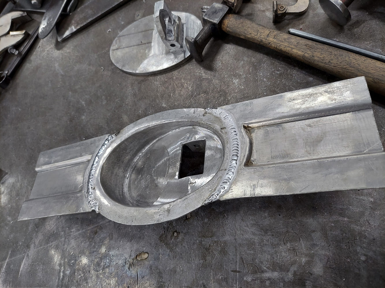 08 Divco billet latch welded into aluminum door panel hand fabbed assembly