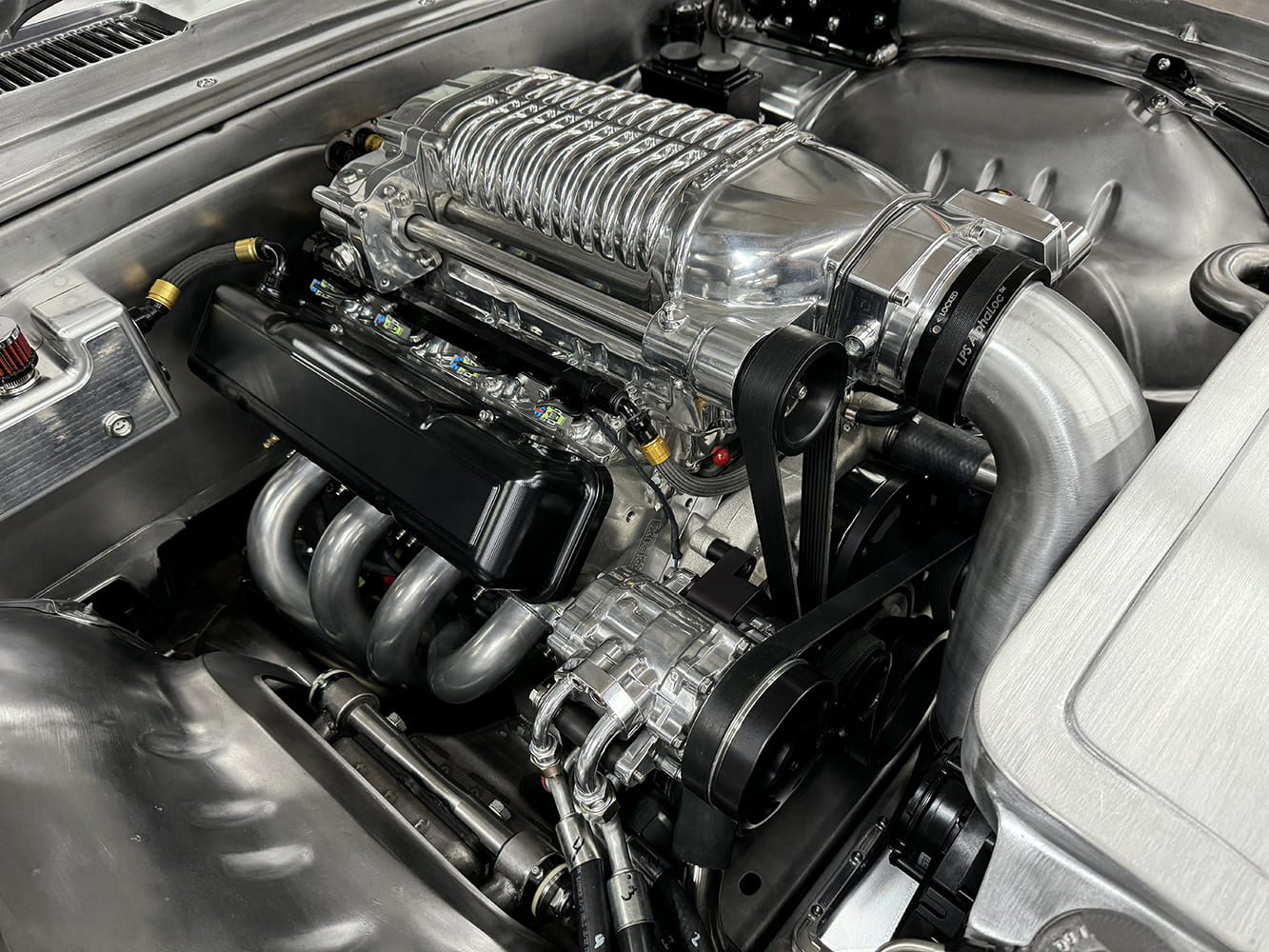 09 1969 Camaro supercharged LS engine black valve covers detail