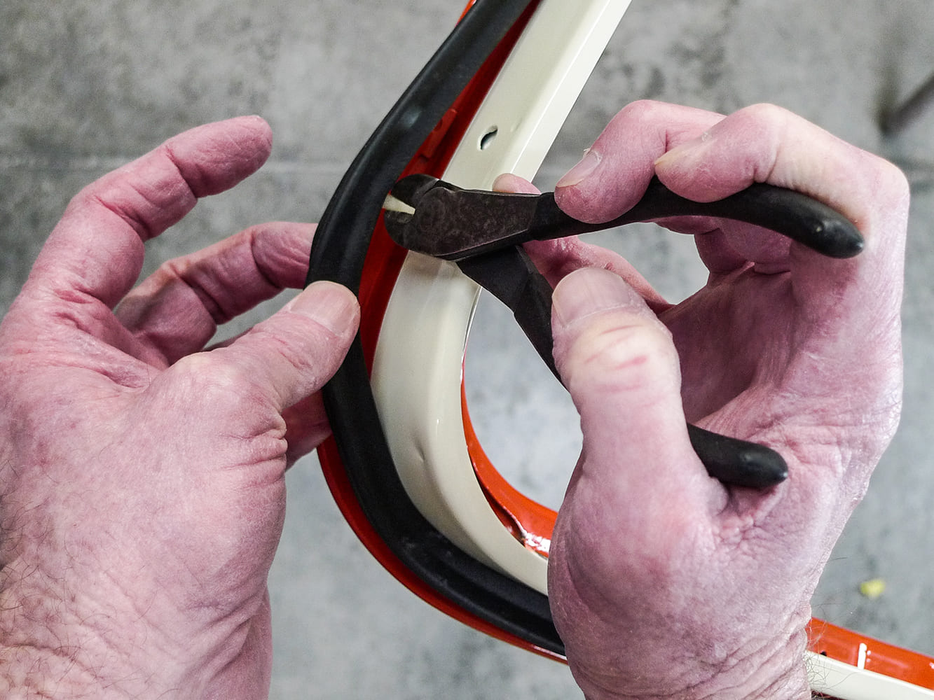 09 Cutting excess rubber weatherstripping to fit Chevy truck door frame