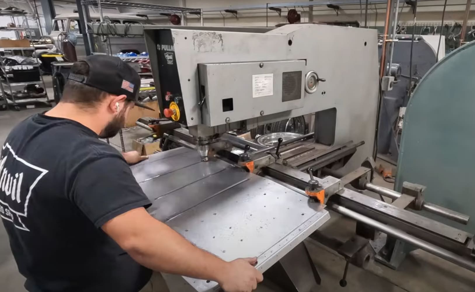 10 1962 Chevy convertible floor panel being bead rolled on Pullmax machine
