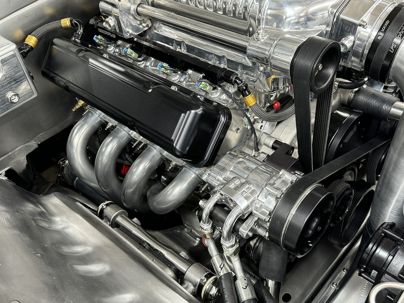 10 1969 Camaro polished headers serpentine belt AC compressor setup