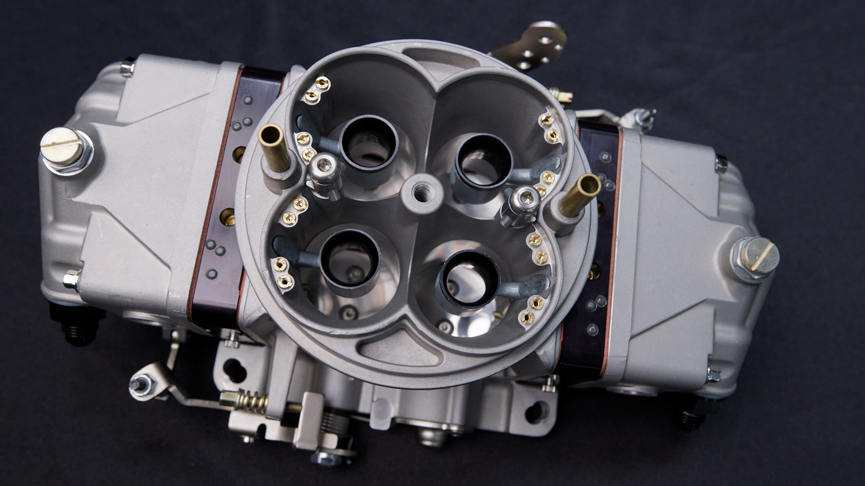 10 VRS 4150 full carburetor overhead reveals four barrel layout and billet hardware