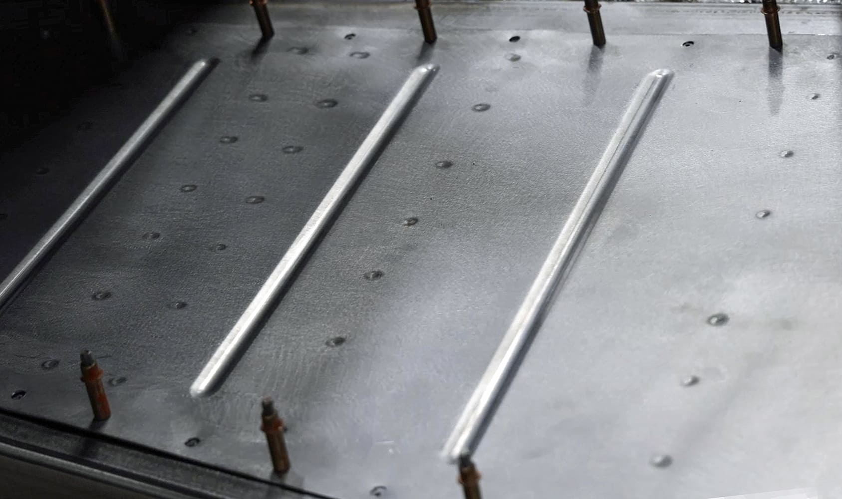 11 1962 Chevy convertible floor with bead rolled stiffeners and Cleco fasteners