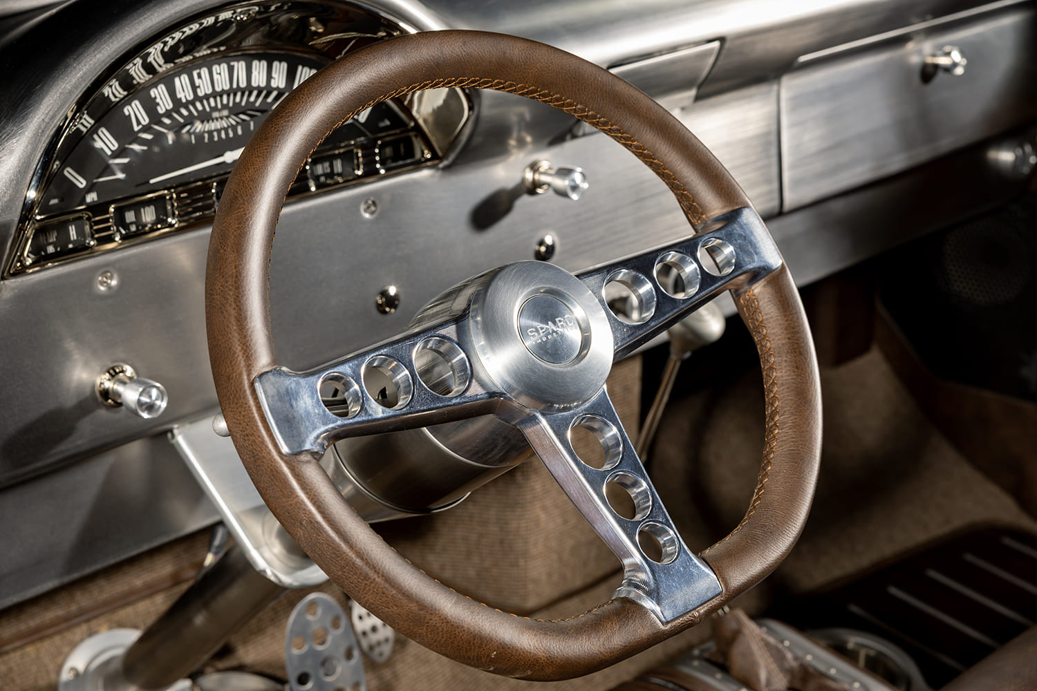 12 1956 Ford F 100 Sparc Industries leather wrapped billet steering wheel over brushed dash
