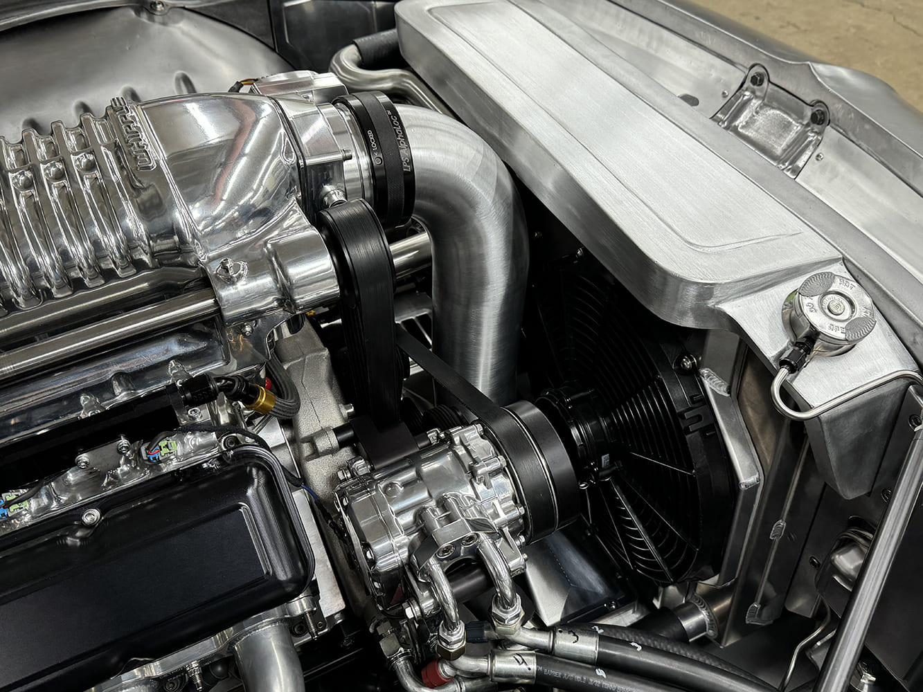 12 1969 Camaro Whipple supercharger with polished inlet and radiator shroud detail