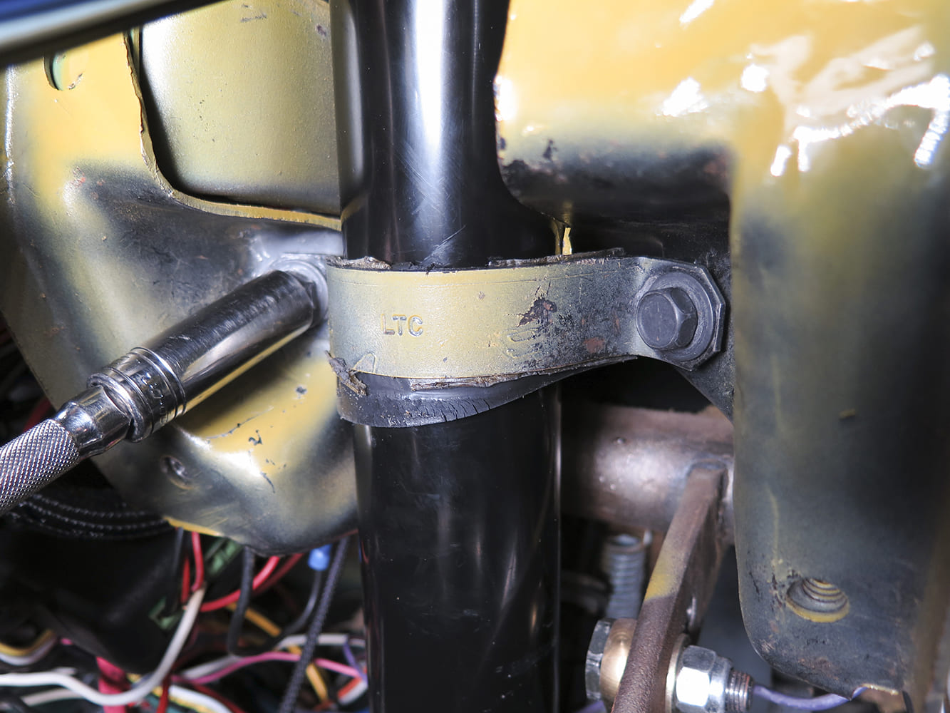 12 1972 Chevy C10 tilt column secured to firewall using original LTC stamped clamp bracket
