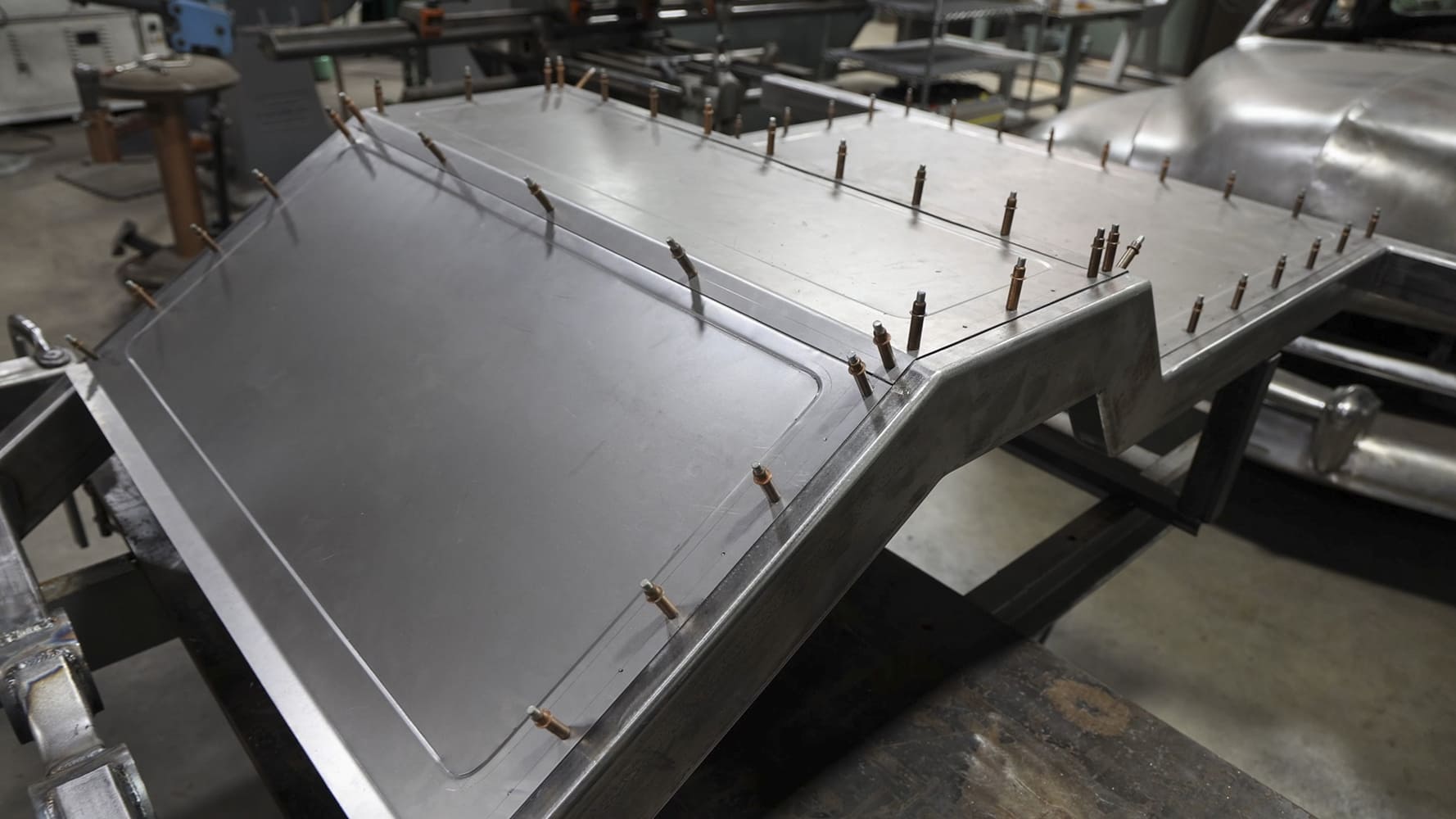 13 1962 Chevy convertible rear floor pan panel Cleco clamped and contoured