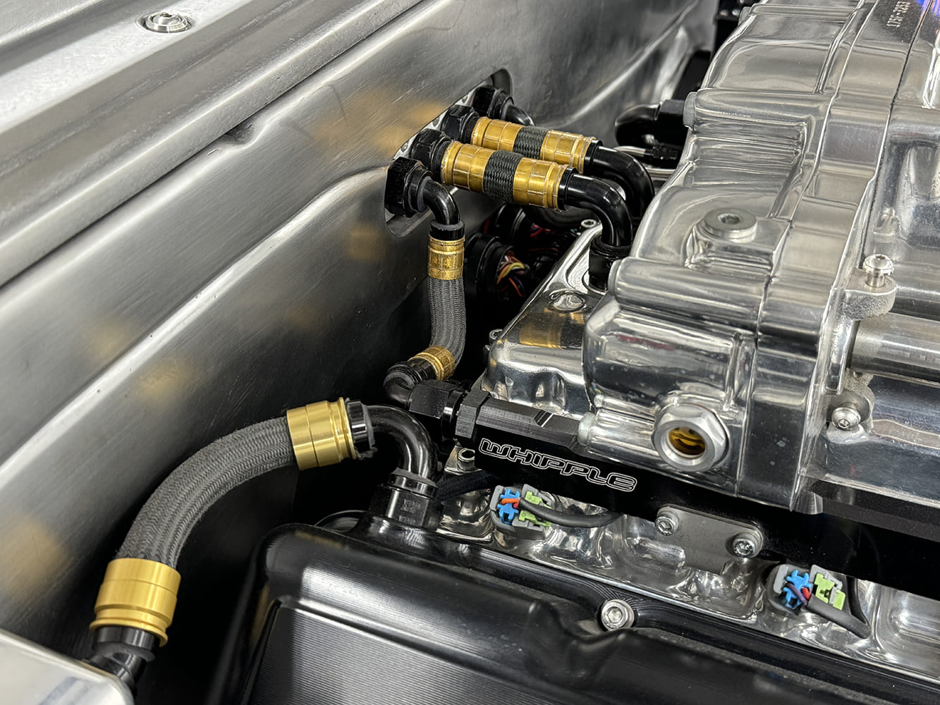 13 1969 Camaro Whipple blower fuel rails and AN braided hose routing