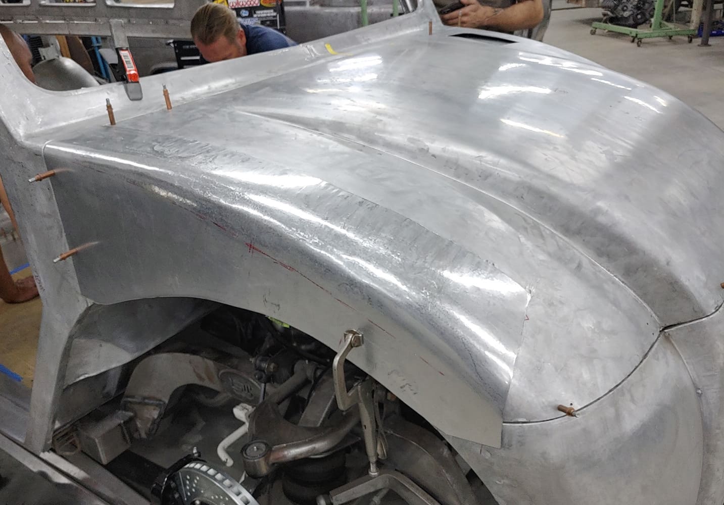 13 Divco custom hood shaping cleco pinned aluminum sculpted front panels