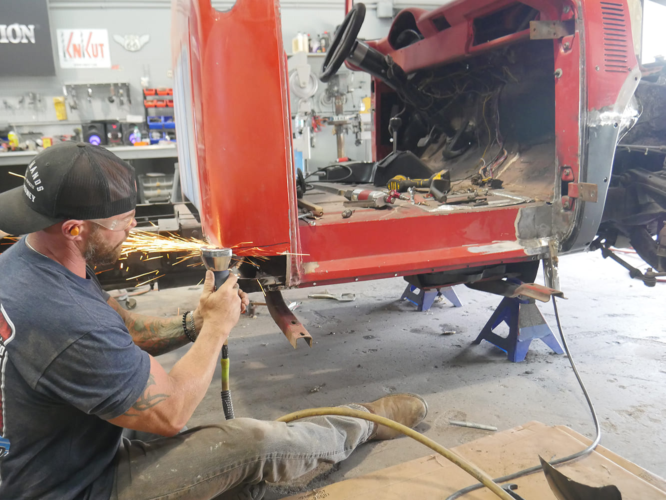 14 1956 Ford F 100 TIG welding new patch panel at rear lower cab corner