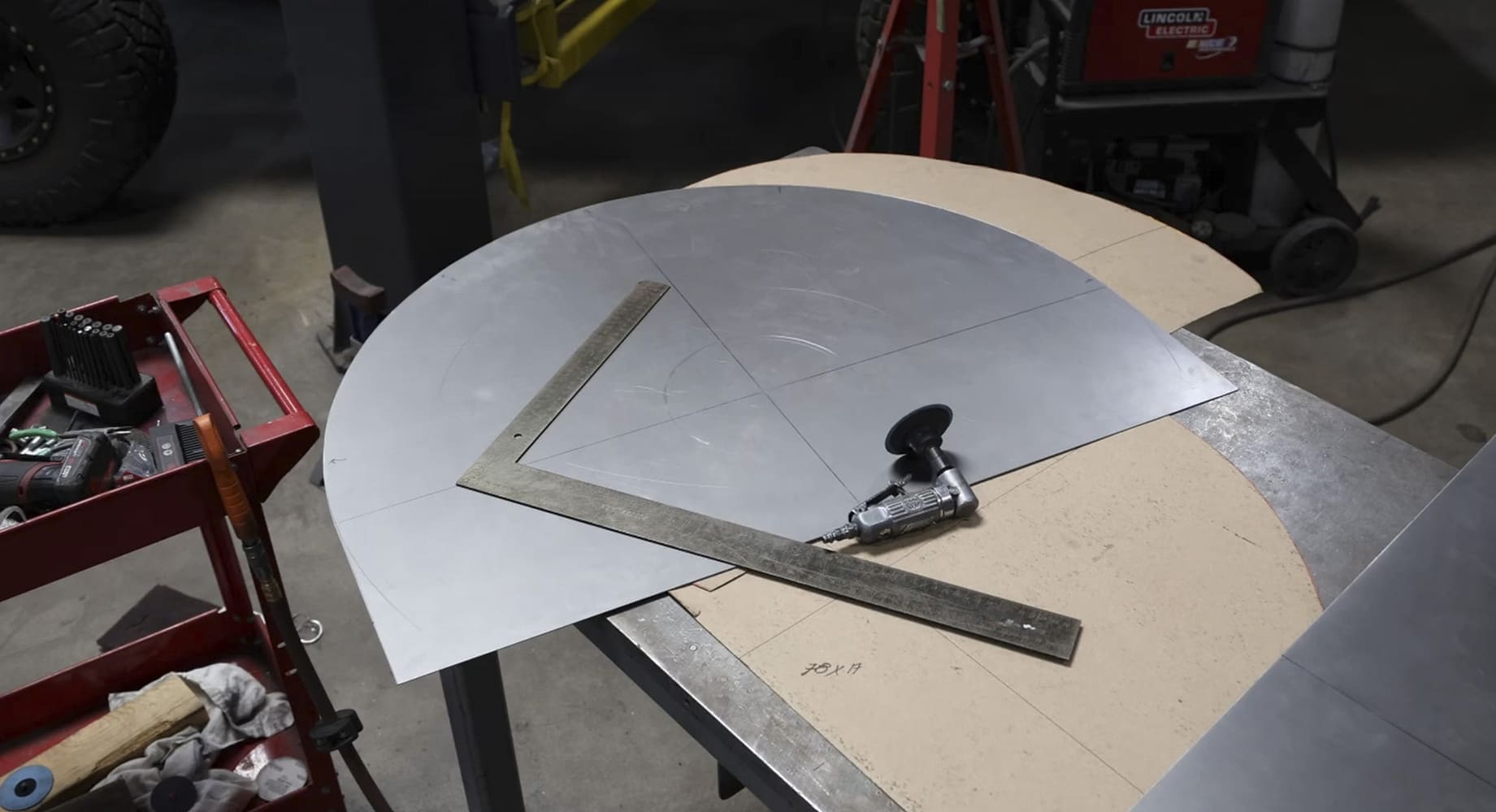 14 1962 Chevy convertible circular panel layout marked for rear tub fabrication