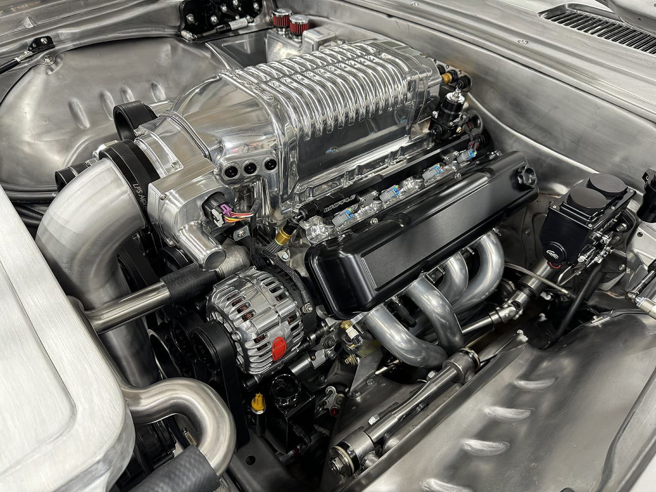 15 1969 Camaro full engine bay view Whipple supercharged LS and custom headers