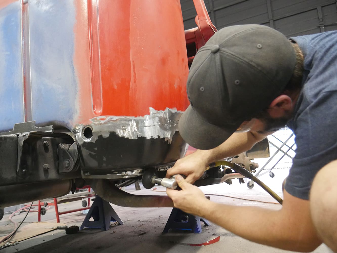 16 1956 Ford F 100 final fitment check of patch panel before welding lower cab