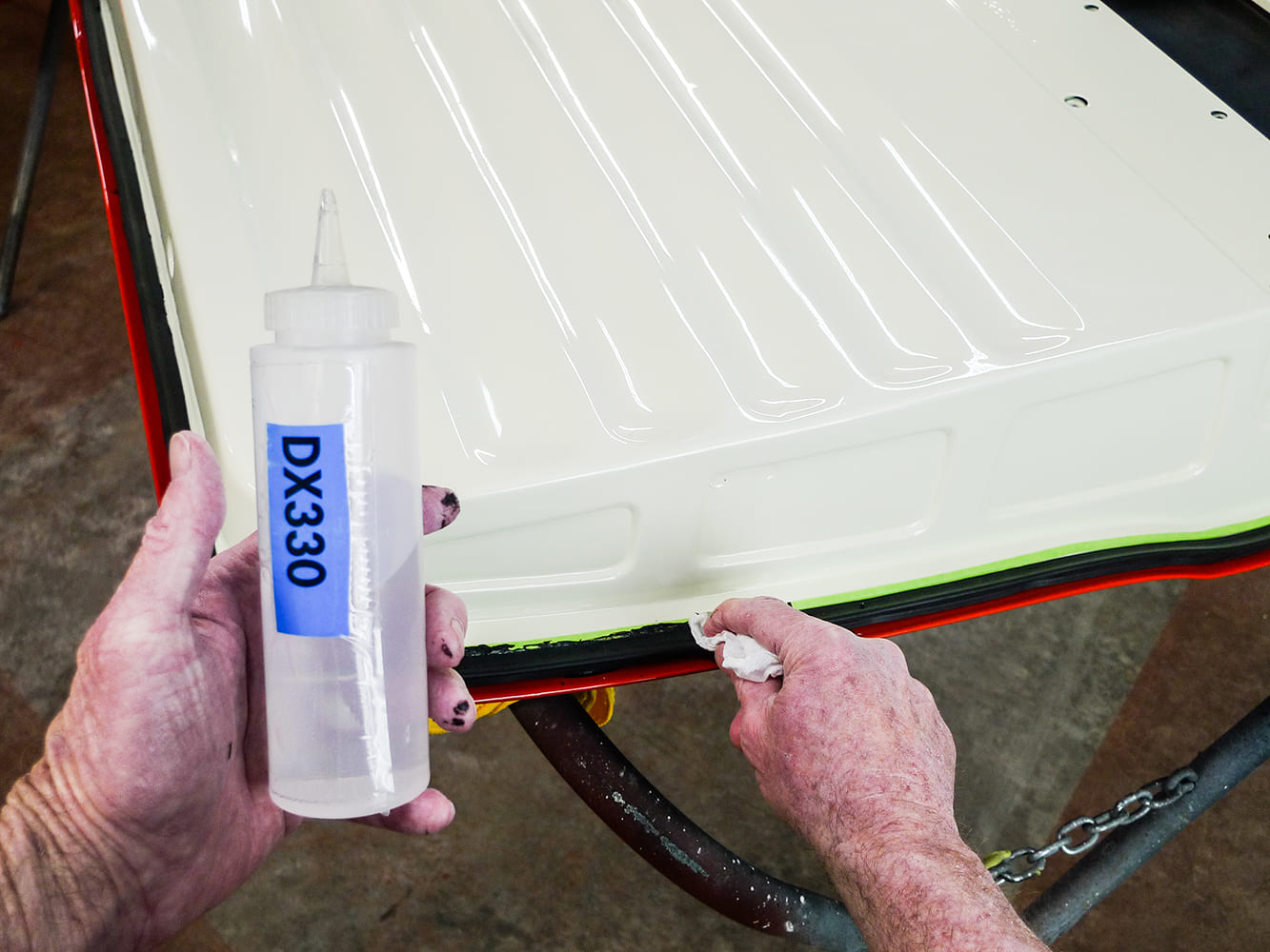 16 DX330 cleaner prep for sealant cleanup on Chevy truck door weatherstrip