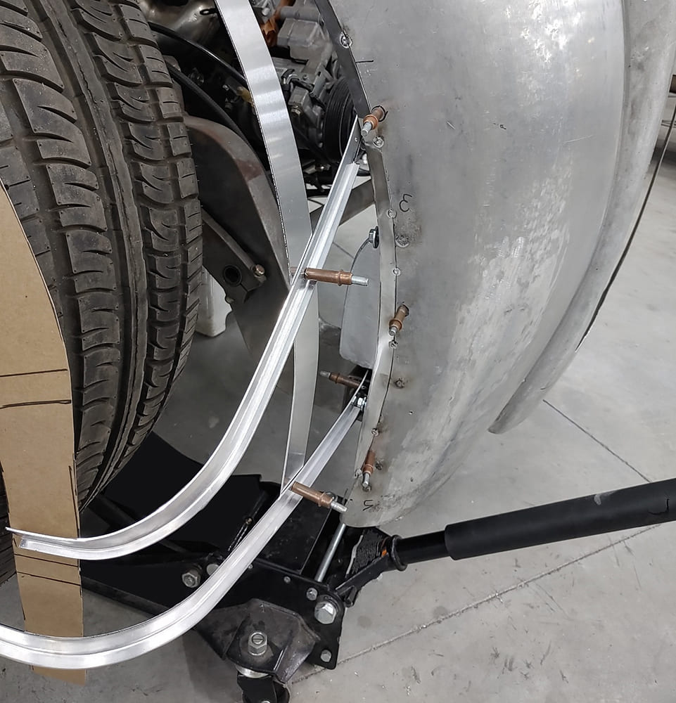 16 Divco inner fender wheel tub mockup bead rolled bracing and Clecos installed