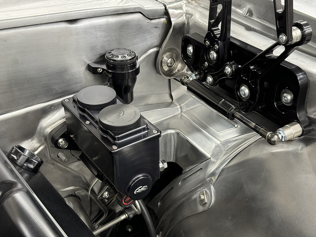 17 1969 Camaro master cylinder reservoir with billet linkage and anodized fittings