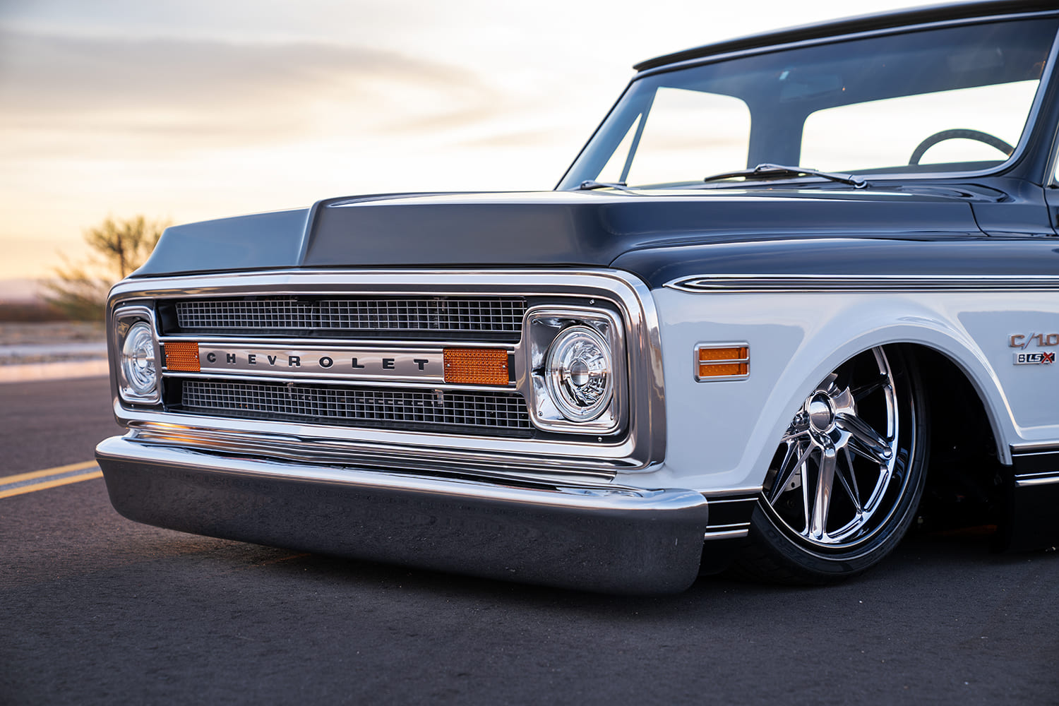 17 1969 Chevy C10 billet grille chrome bumper close up