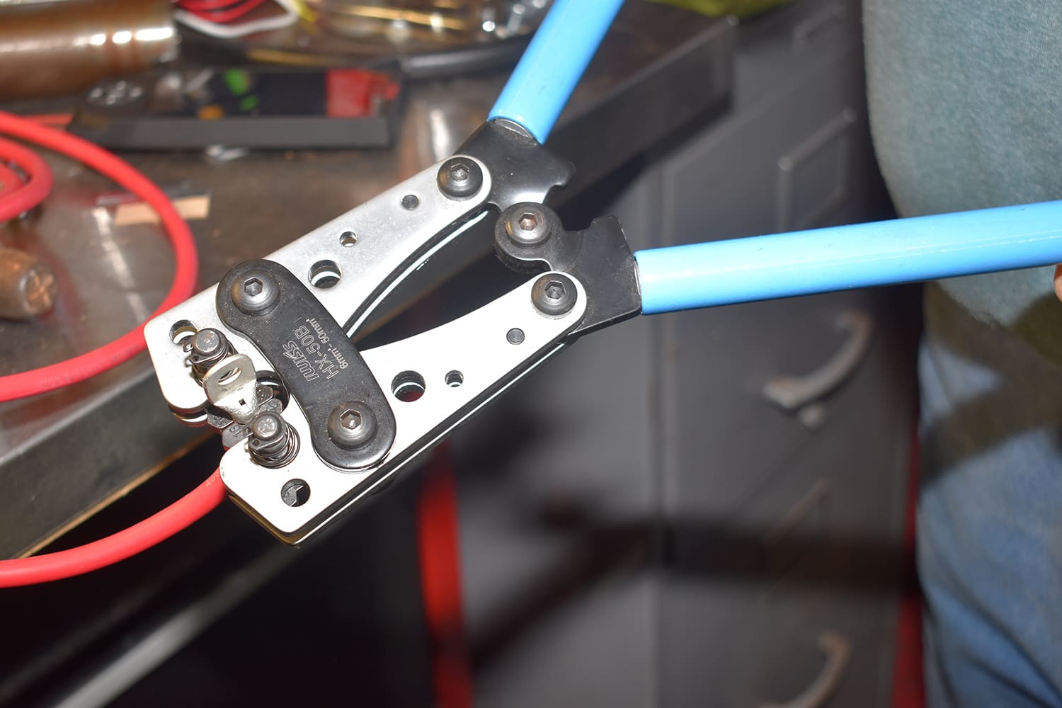 17 iwiss hx 50 crimping tool lug terminal red power wire bench setup