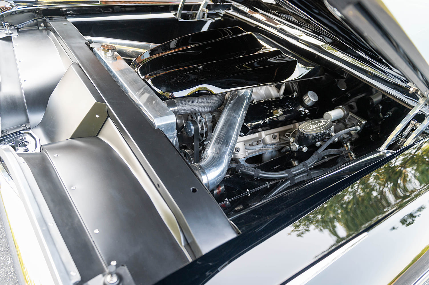 18 1959 Pontiac Catalina detailed engine bay with polished piping and custom sheetmetal panels