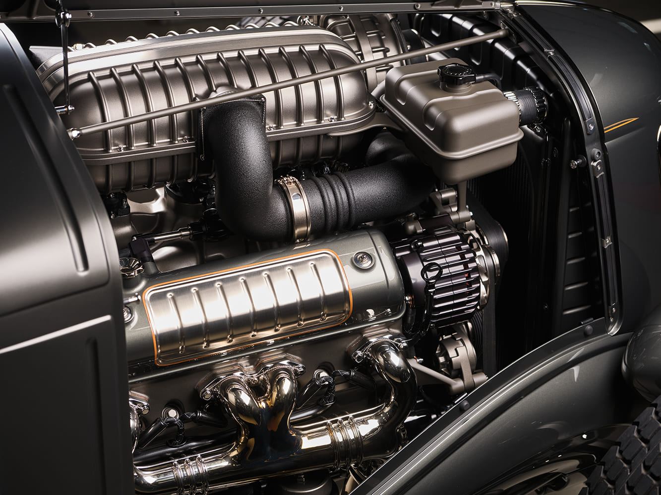 19 1936 Ford highboy engine bay with polished headers detailed supercharger and satin valve covers