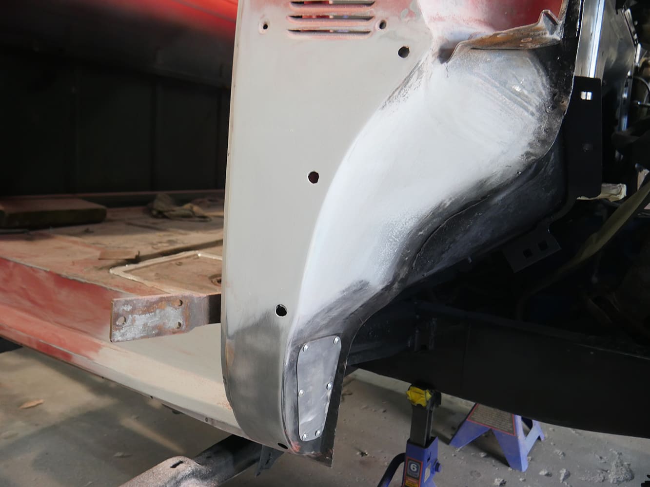 20 1956 Ford F 100 lower cowl and firewall filler smoothing during bodywork prep