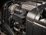 21 1936 Ford highboy blown engine close up with textured intake pipe finned supercharger and polished headers