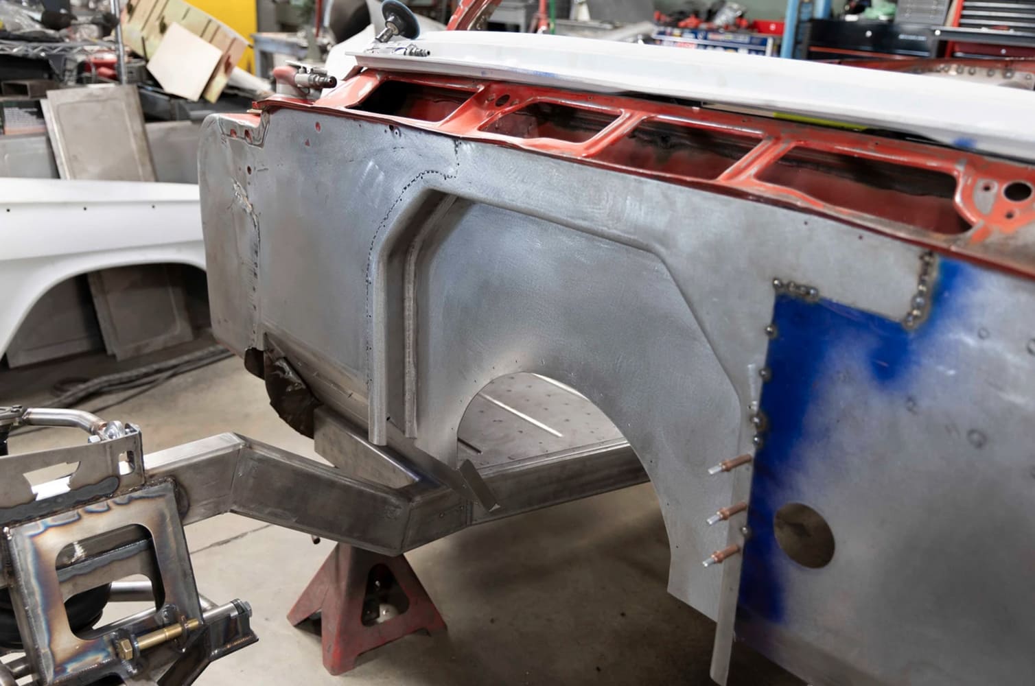 22 1962 Chevy convertible smoothed firewall and trans tunnel notch tacked in