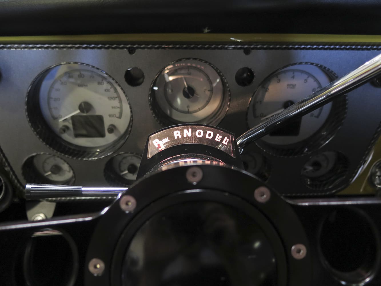23 1972 Chevy C10 tilt column PRNDL indicator illuminated behind Classic Instruments carbon faced gauge cluster