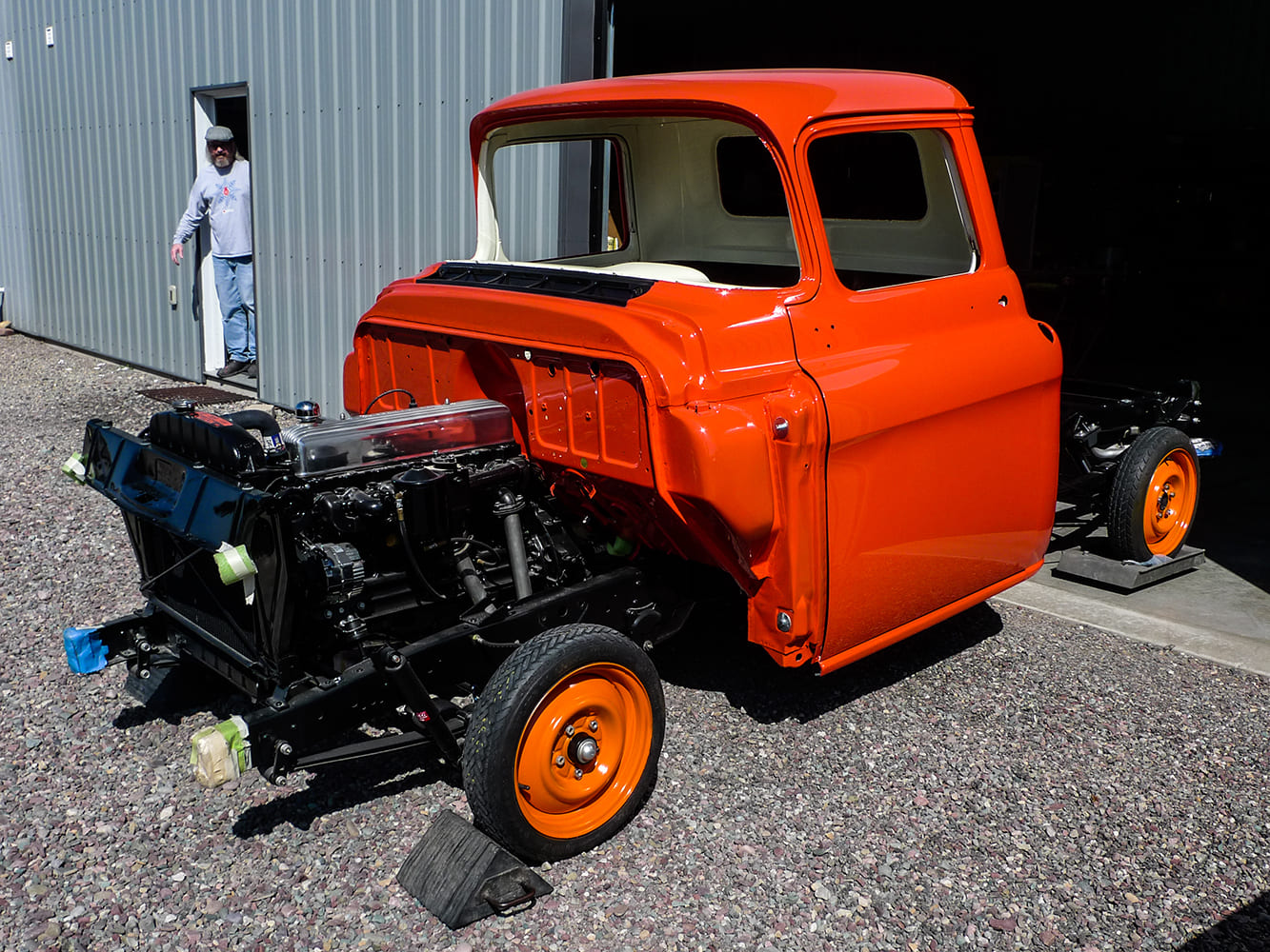 23 Chevy truck cab and chassis mockup in orange with front clip removed
