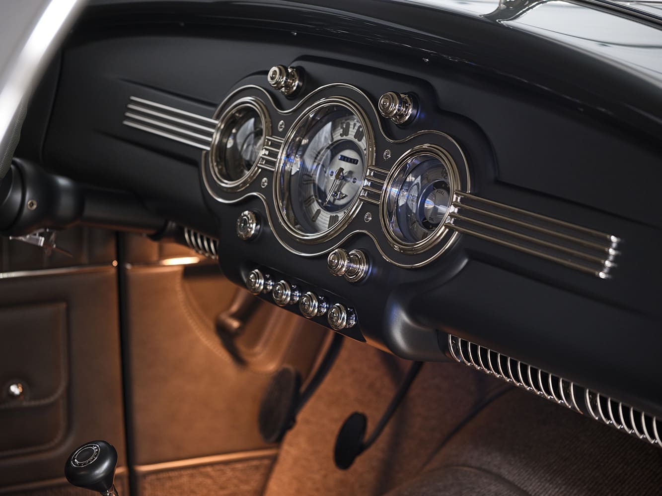 28 1936 Ford highboy lower dash and footwell with leather trim billet knobs and stitched kick panel