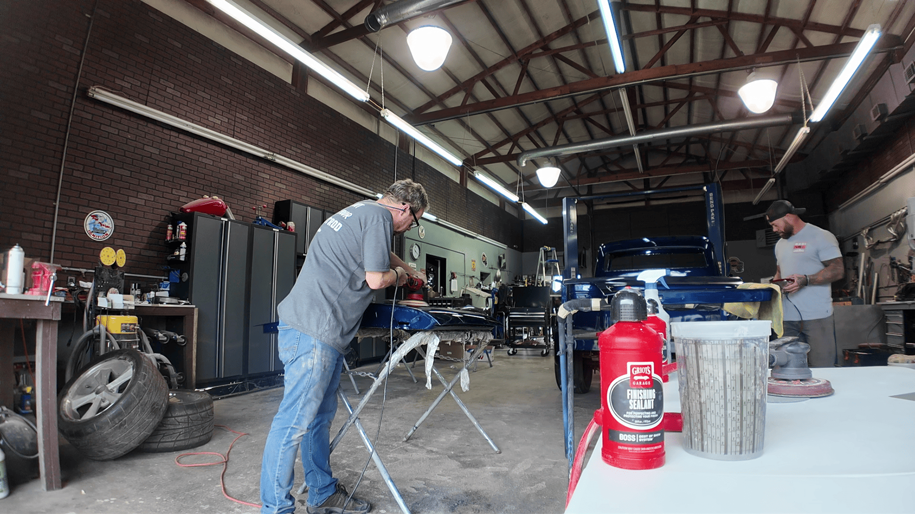 32 1956 Ford F 100 fender wet sanding and polishing in custom shop