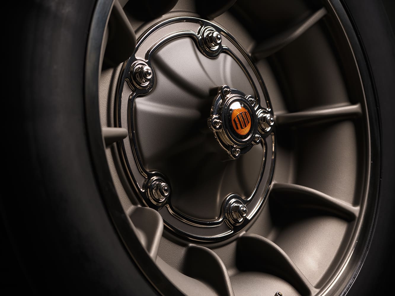 33 1936 Ford highboy custom billet wheel with turbine style spokes machined center cap and detailed fasteners