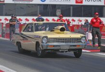 001 1966 nova ss drag car yellow hood scoop wheelie bar nhra launch shot