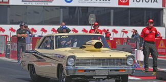 001 1966 nova ss drag car yellow hood scoop wheelie bar nhra launch shot