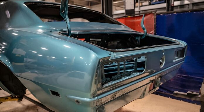 001 1968 Camaro rear panel fresh paint prep trunk open taillight housings removed