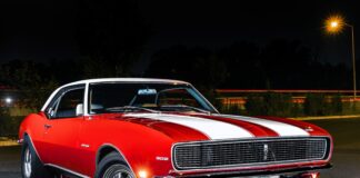 001 1968 Chevrolet Camaro red with white stripes 302 badging and Cragar wheels