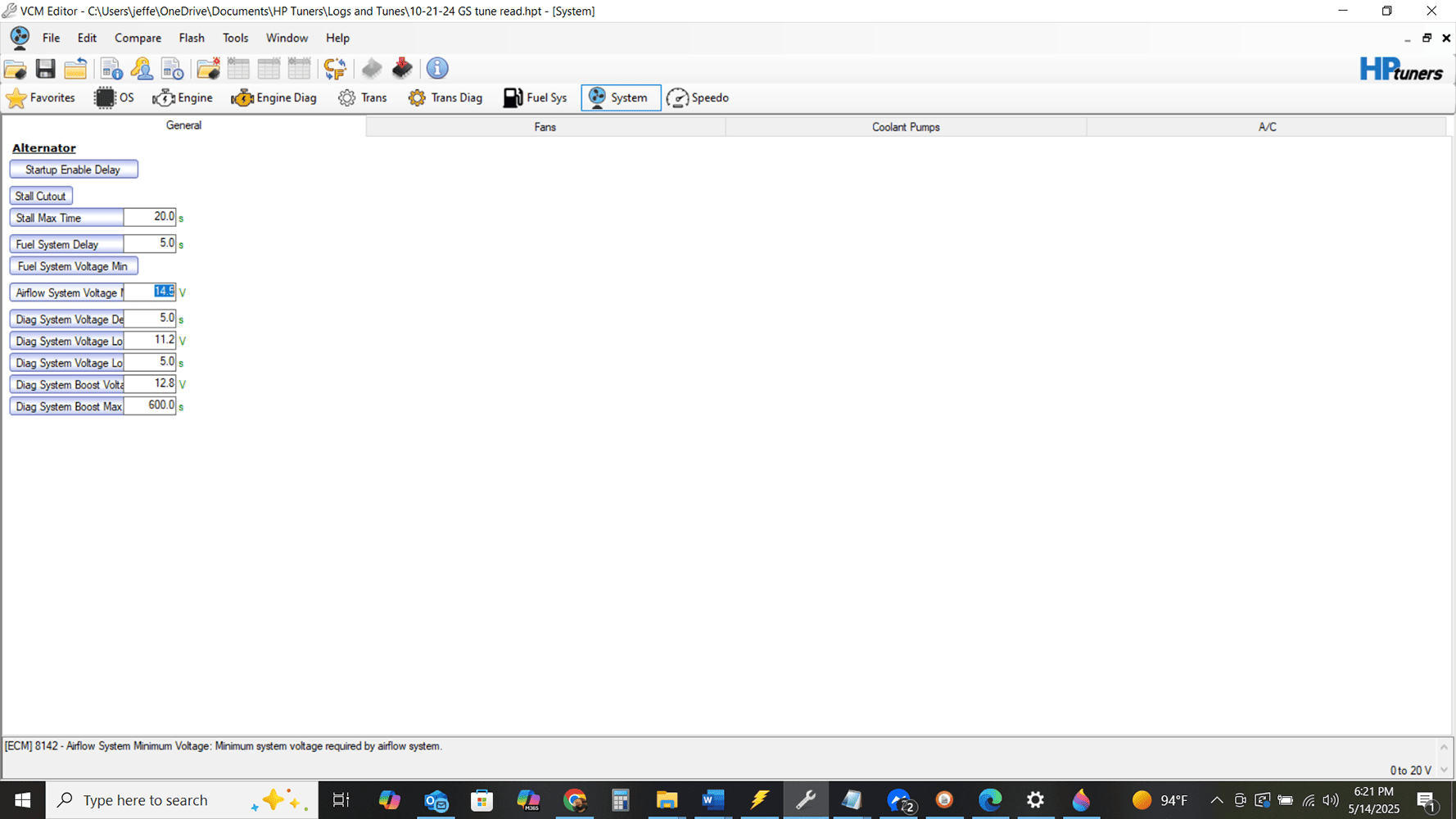 002 HP Tuners VCM Editor alternator settings screen 14 6V airflow system target