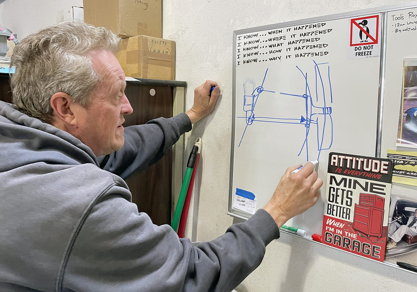 003 suspension geometry explanation on shop whiteboard with diagrams