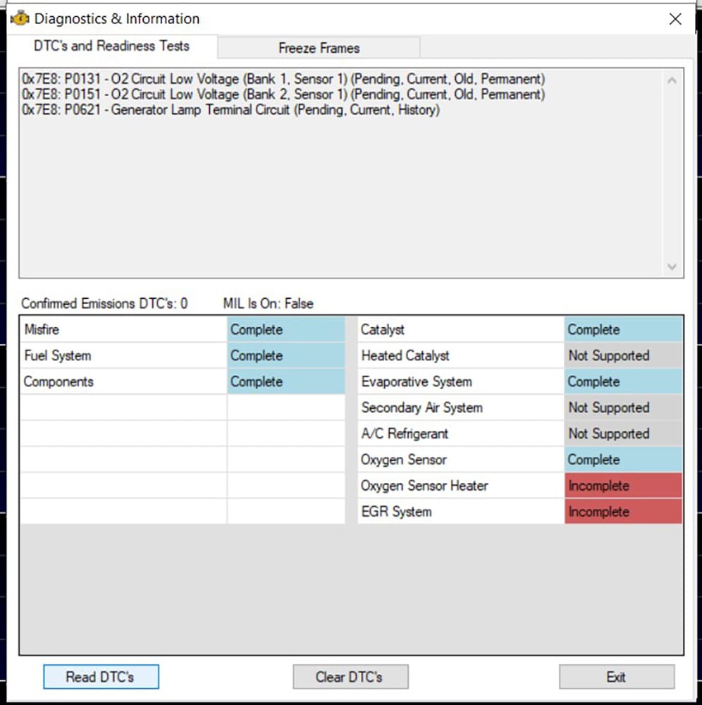 005 HP Tuners DTC screen P0621 generator lamp terminal circuit fault