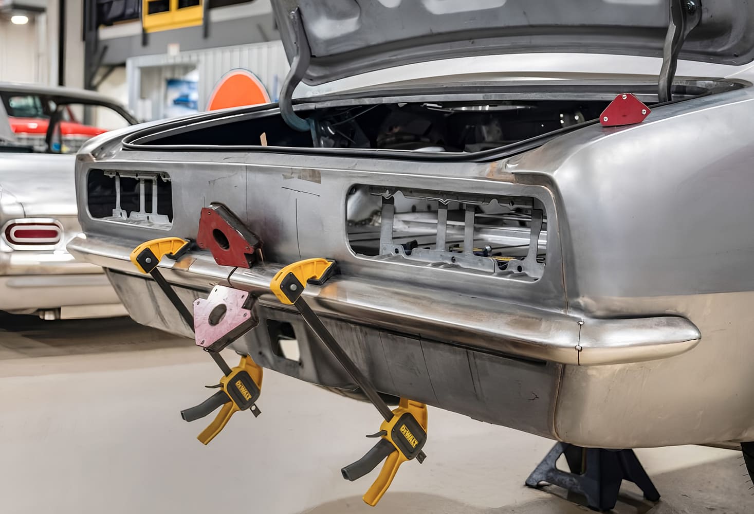 007 1968 Camaro bumper clamped taillight panel aligned mock up for welding