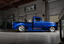 01 1941 Willys Pickup custom Veazie Bros build deep blue paint with polished drag wheels and slammed stance
