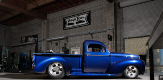 01 1941 Willys Pickup custom Veazie Bros build deep blue paint with polished drag wheels and slammed stance