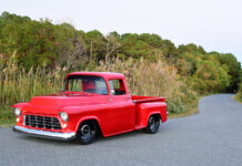 Butch Brooks’ 1955 Chevy Perfectly Balances Attitude and Performance 01 1955 chevy truck slammed stance smooth fenders debadged hood chrome grill