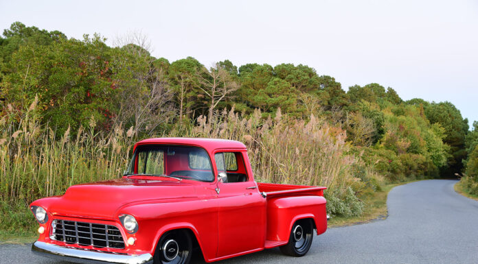 Butch Brooks’ 1955 Chevy Perfectly Balances Attitude and Performance 01 1955 chevy truck slammed stance smooth fenders debadged hood chrome grill